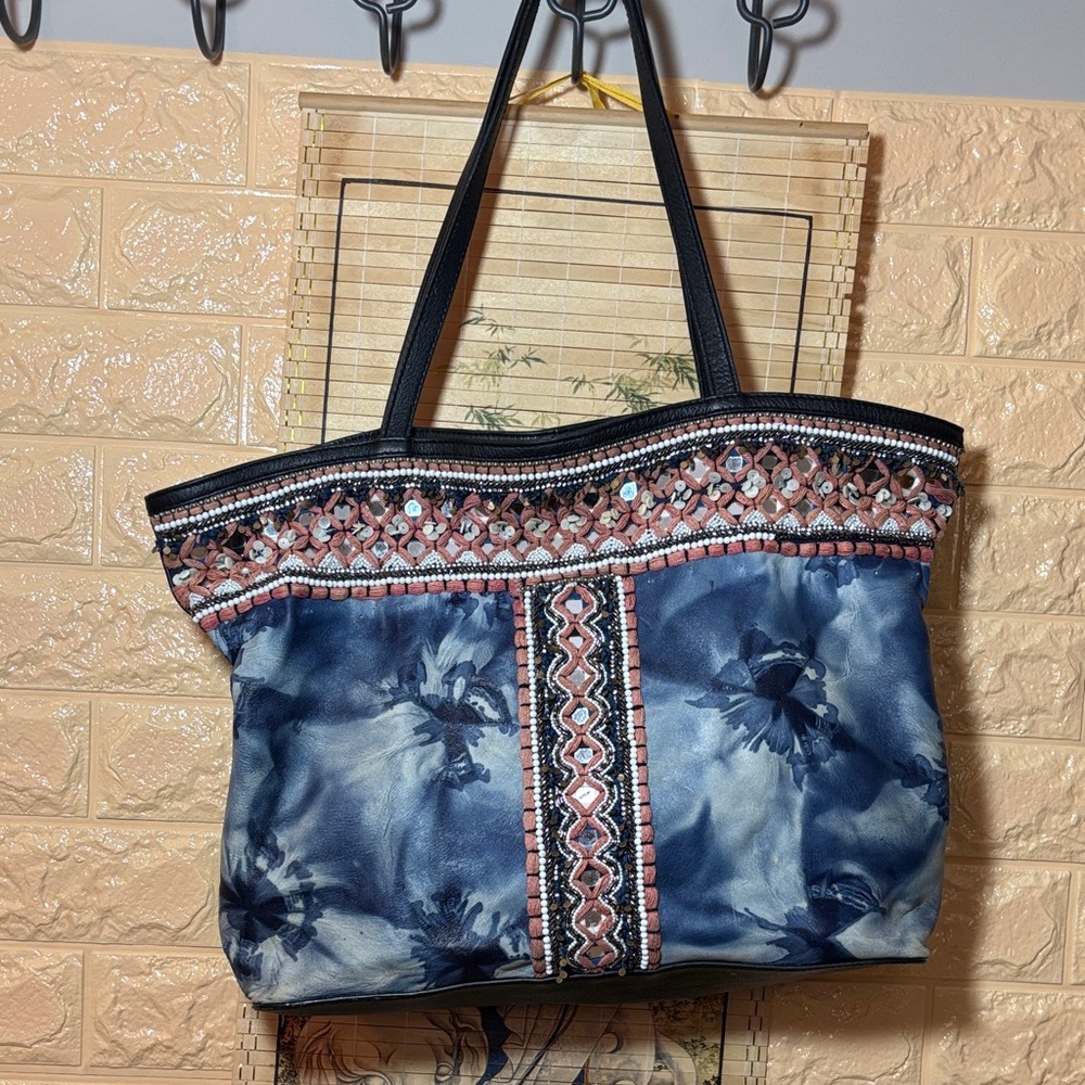 Rebecca Minkoff Blue and Black Bohemian Beaded Embroidered Tote with Dust Bag
